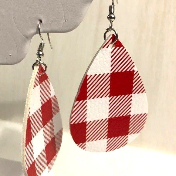 Checked Red White Plaid Leather Teardrop Pierced Earrings New - Picture 3 of 5